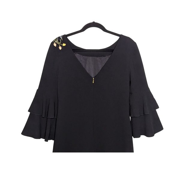 Trina Turk Leona embroidered V-back Sheath‎ black Tiered ruffled sleeves dress 8 - Picture 6 of 10